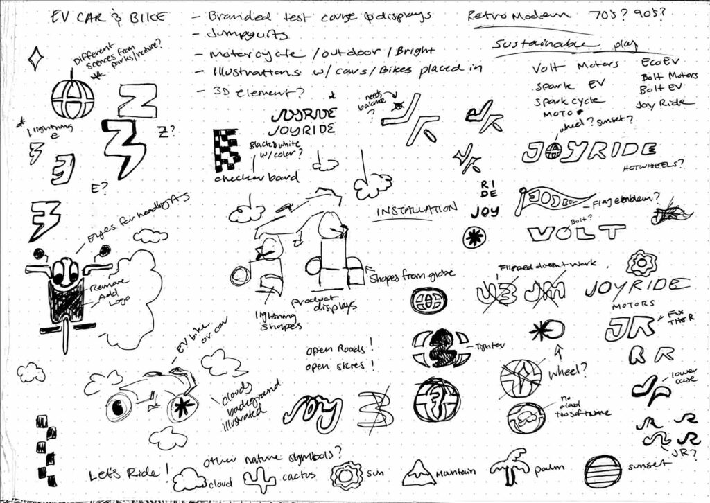 Joyride brand identity sketches, graphic design.