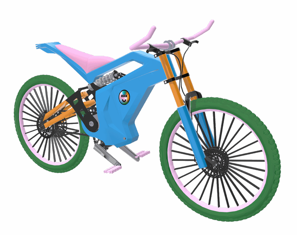 Joyride bike design, 3D product visualization, brand identity, colorful electric bike design.