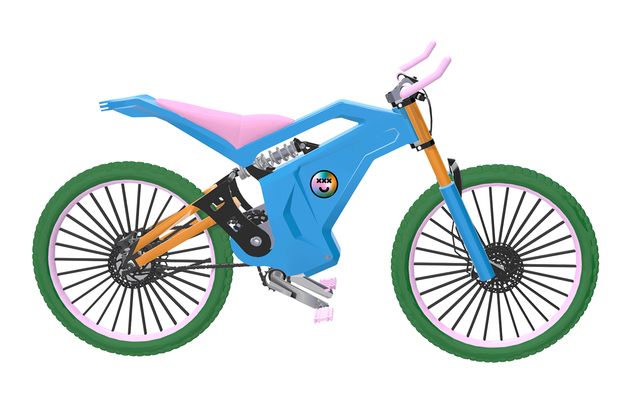 Joyride bike design, 3D product visualization, brand identity, colorful electric bike design.