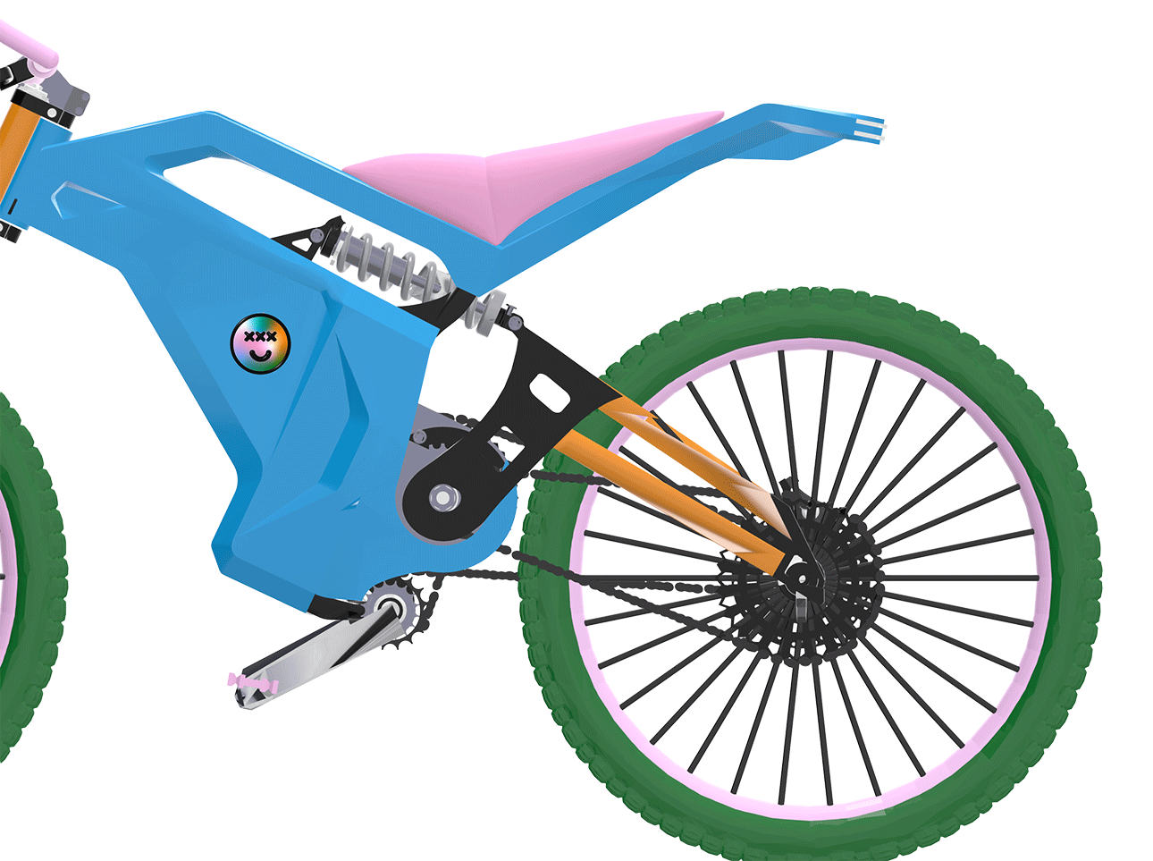 Joyride bike design, 3D product visualization, brand identity, colorful electric bike design.